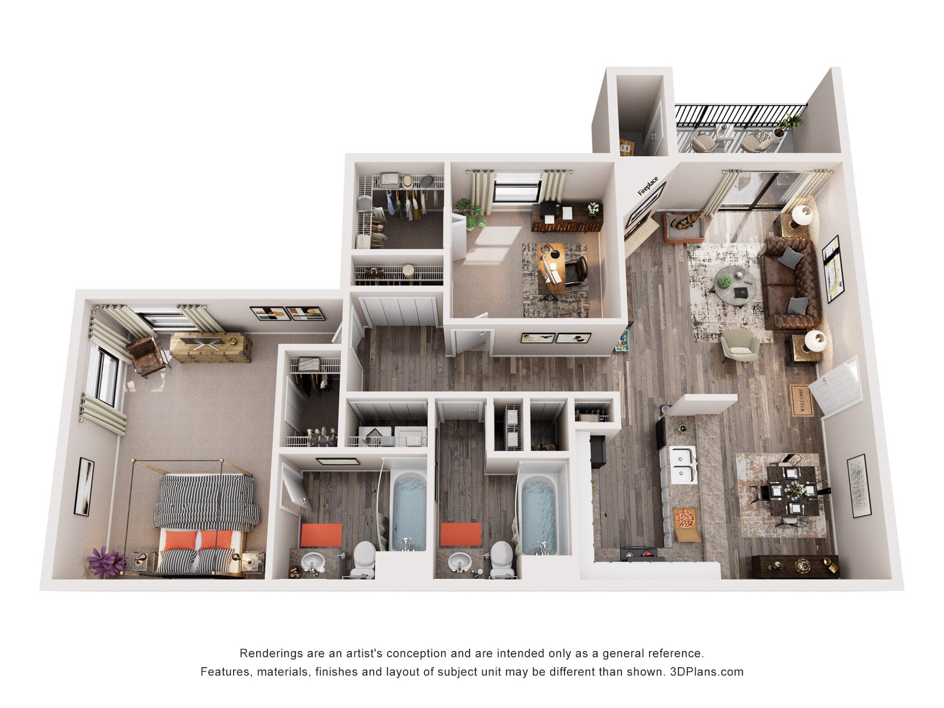 Floor plan for 2 beds, 2 baths, 990 sqft